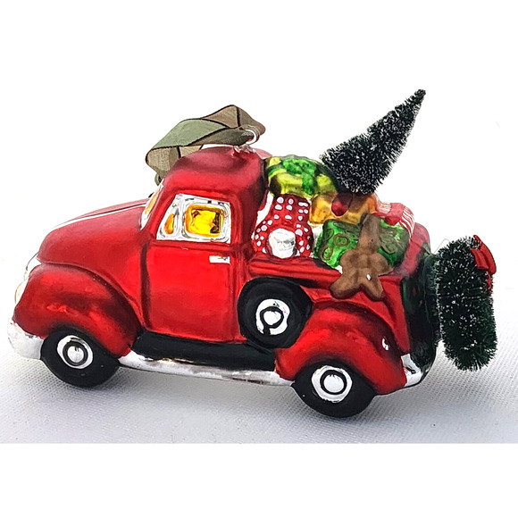 Ornament-Holiday-Glass-Red Pickup Truck-Christmas Tree-Unique-Novelty-Large - Picture 1 of 14